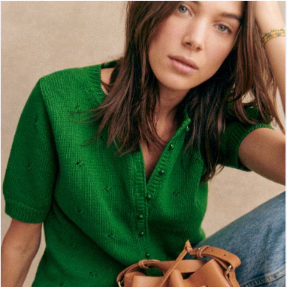 Sezane Green Short Sleeve Cardigan